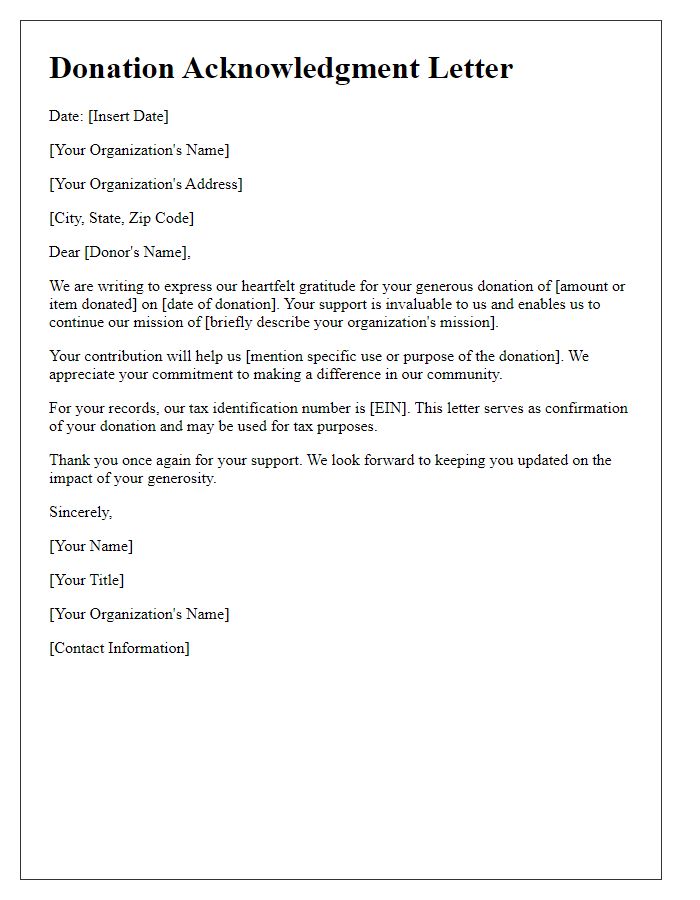 Letter template of official donation acknowledgment