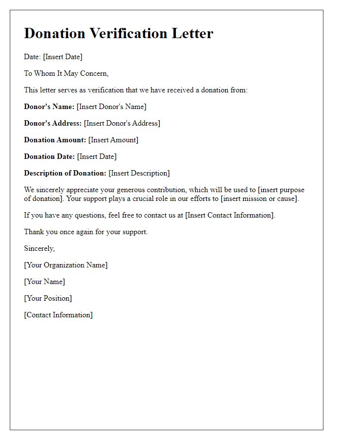 Letter template of verification for received donation