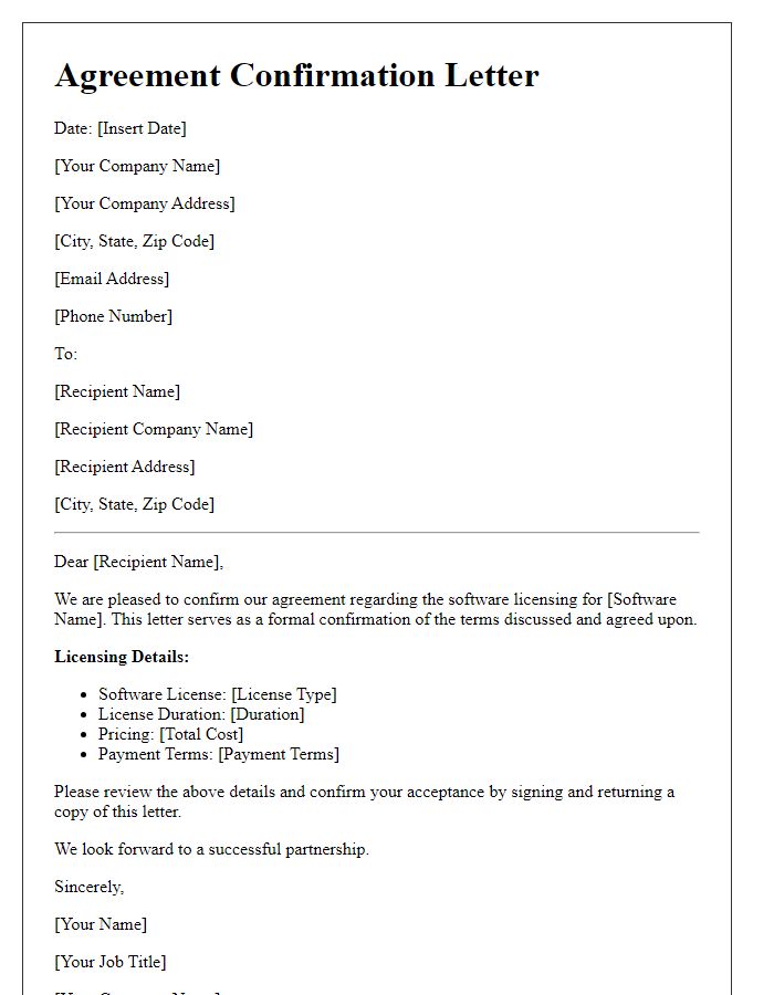 Letter template of Agreement Confirmation for Software Licensing