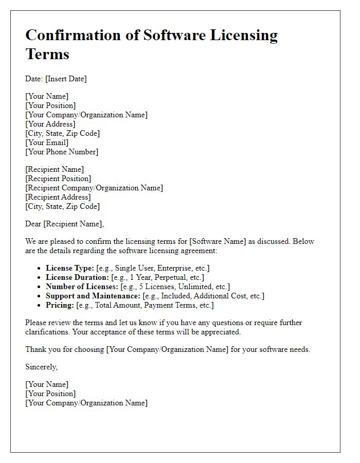 Letter template of Confirmation of Software Licensing Terms