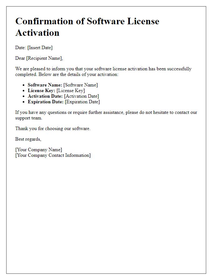 Letter template of Confirmation for Software License Activation