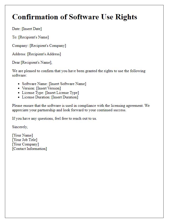 Letter template of Confirmation for Software Use Rights