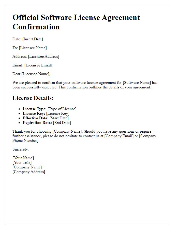 Letter template of Official Software License Agreement Confirmation