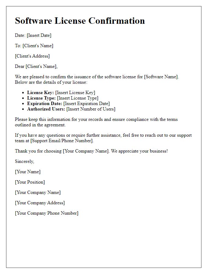 Letter template of Software License Confirmation for Clients