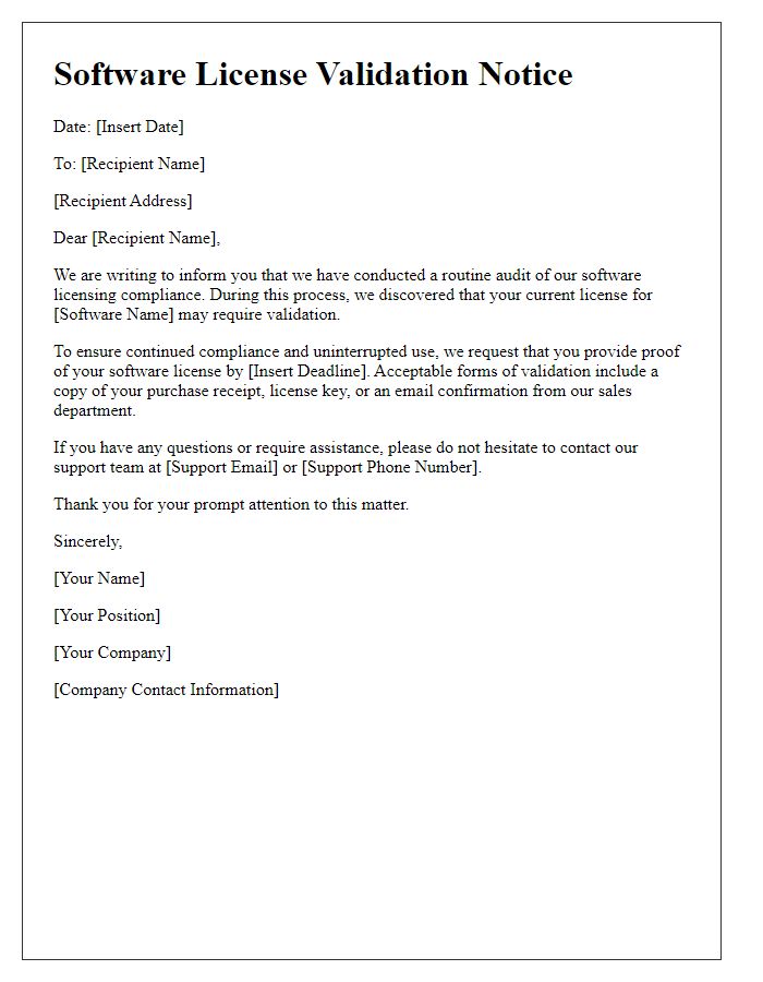 Letter template of Software License Validation Notice