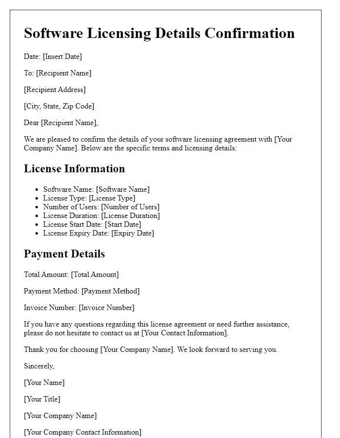 Letter template of Software Licensing Details Confirmation