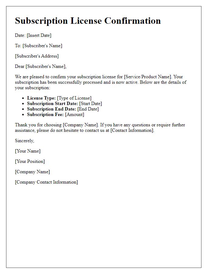 Letter template of Subscription License Confirmation