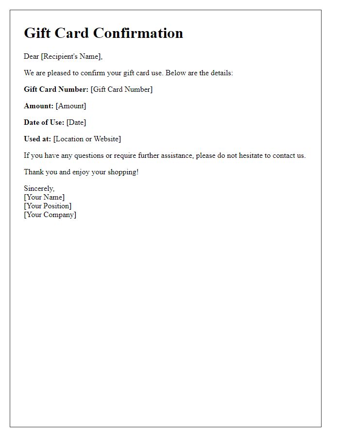 Letter template of Confirmation for Gift Card Use