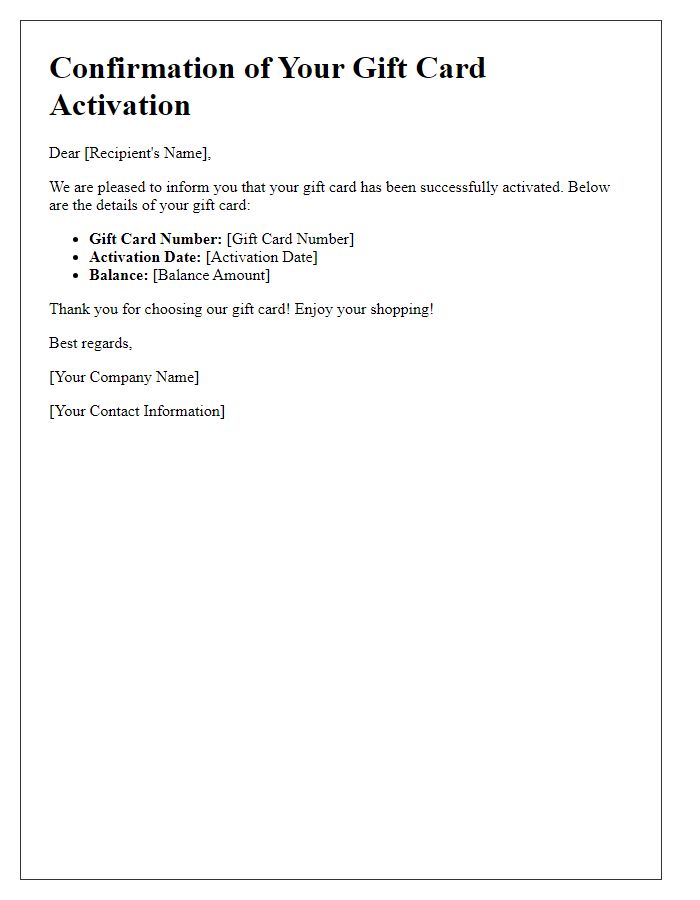 Letter template of Confirmation of Your Gift Card Activation