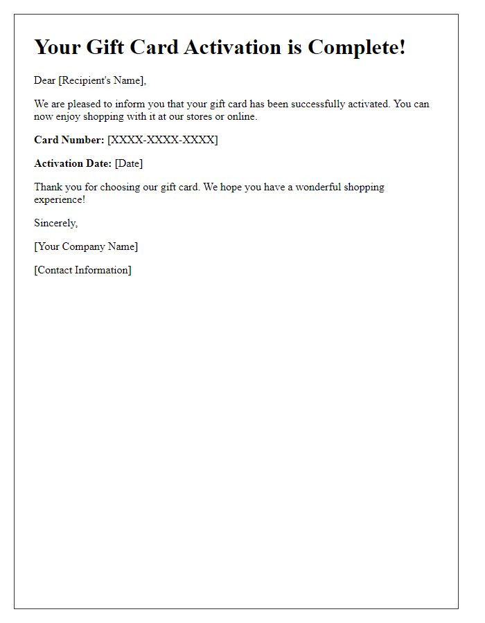 Letter template of Gift Card Activation Completed
