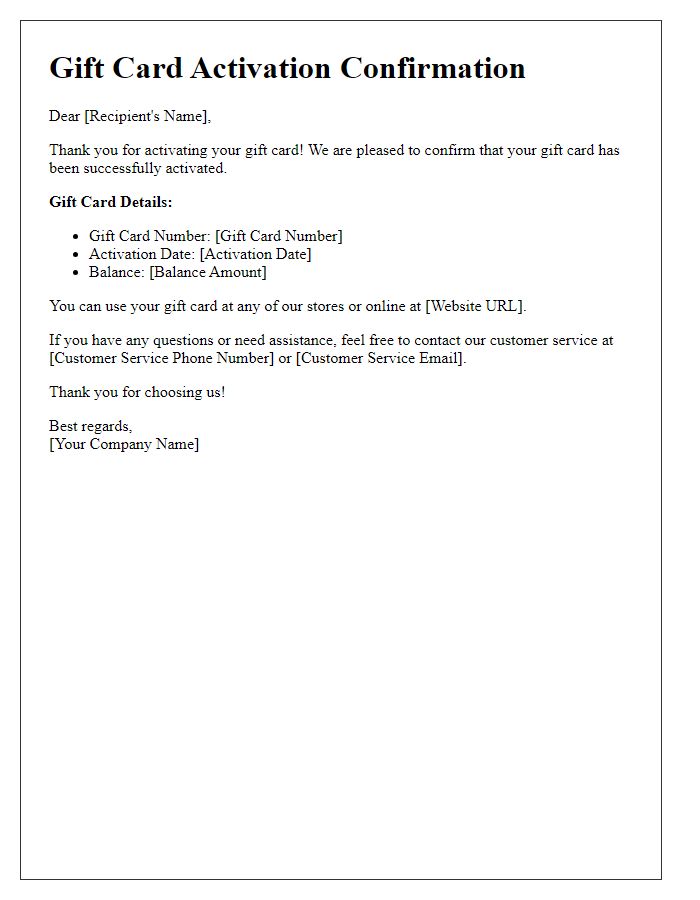 Letter template of Gift Card Activation Confirmation Receipt