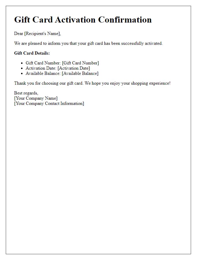 Letter template of Gift Card Activation Confirmation