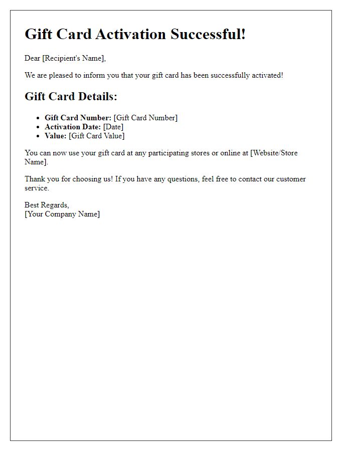 Letter template of Gift Card Activation Success Details