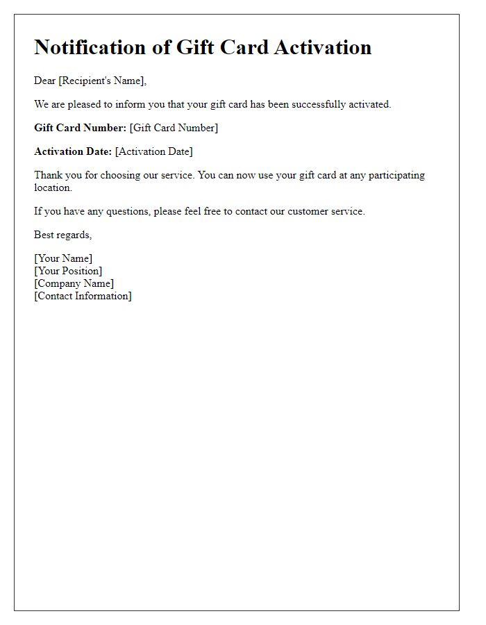 Letter template of Notification of Gift Card Activation