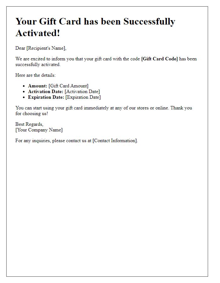 Letter template of Successful Gift Card Activation Notification