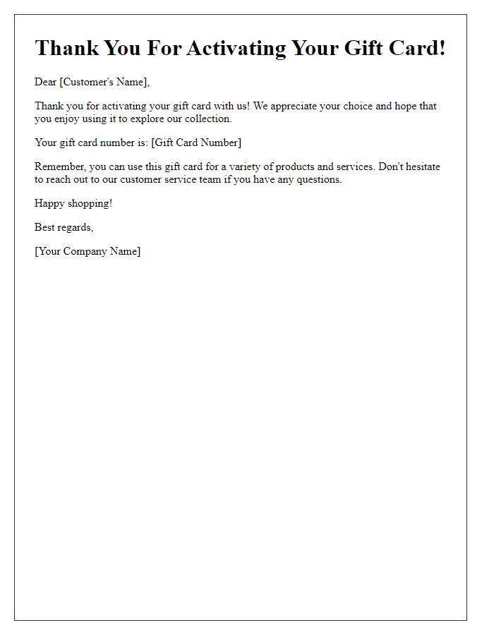 Letter template of Thank You for Activating Your Gift Card