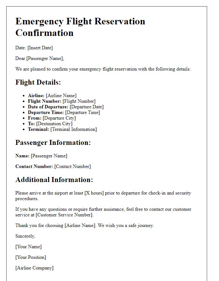 Letter template of emergency flight reservation confirmation