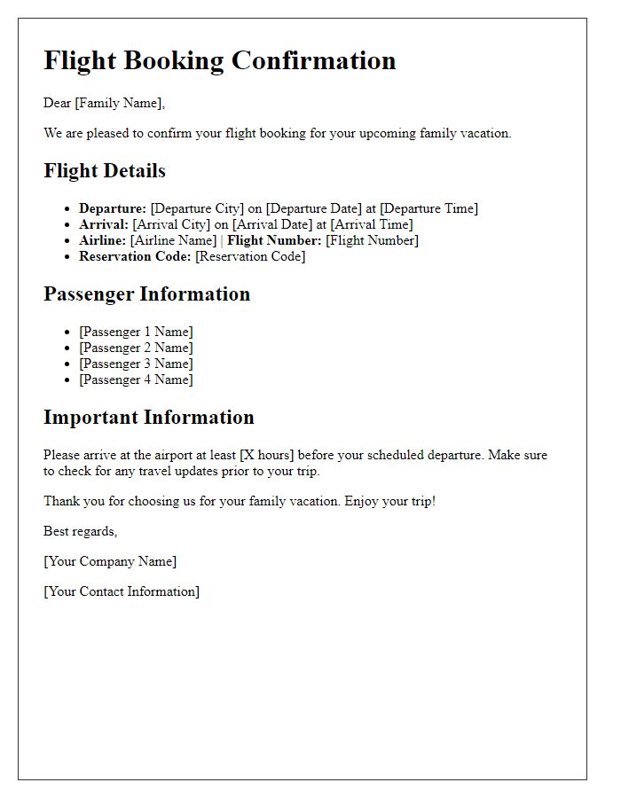 Letter template of flight booking confirmation for family vacation