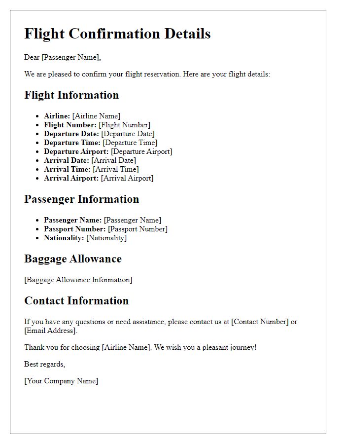 Letter template of flight confirmation details for international travel