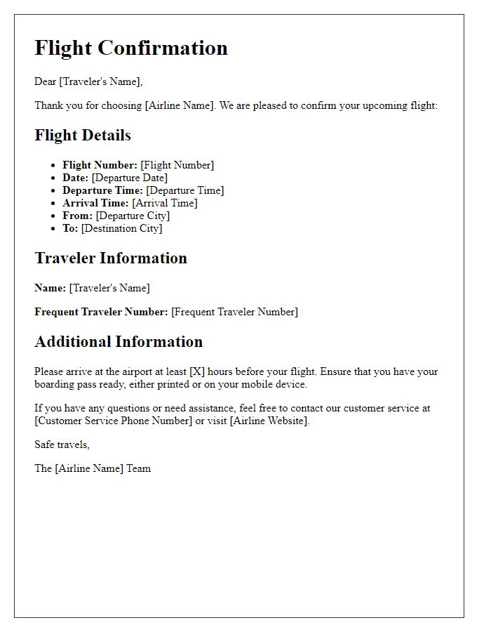 Letter template of flight confirmation for frequent travelers