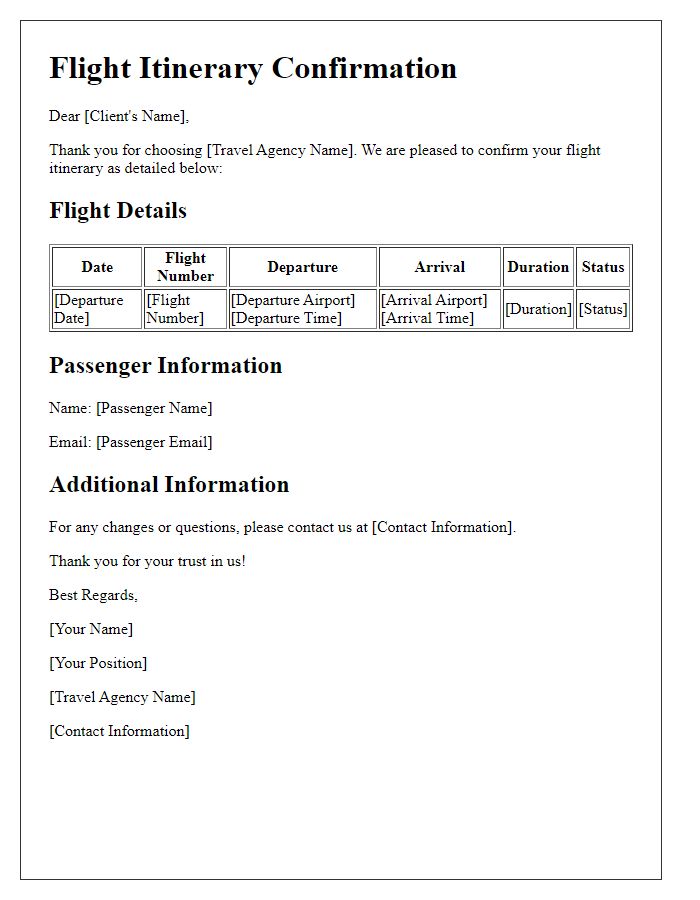 Letter template of flight itinerary confirmation for travel agents