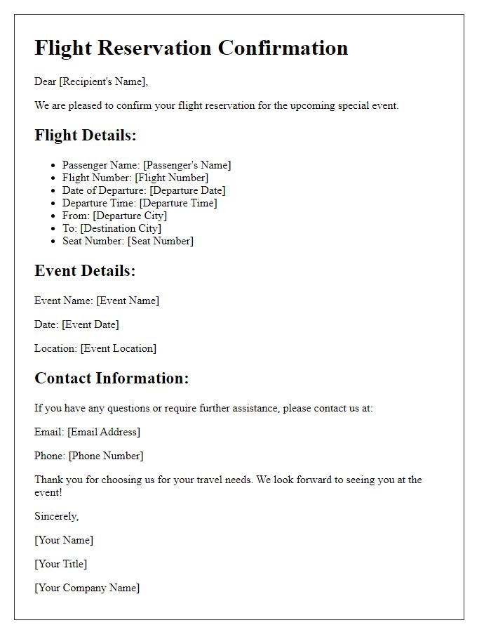 Letter template of flight reservation confirmation for special events