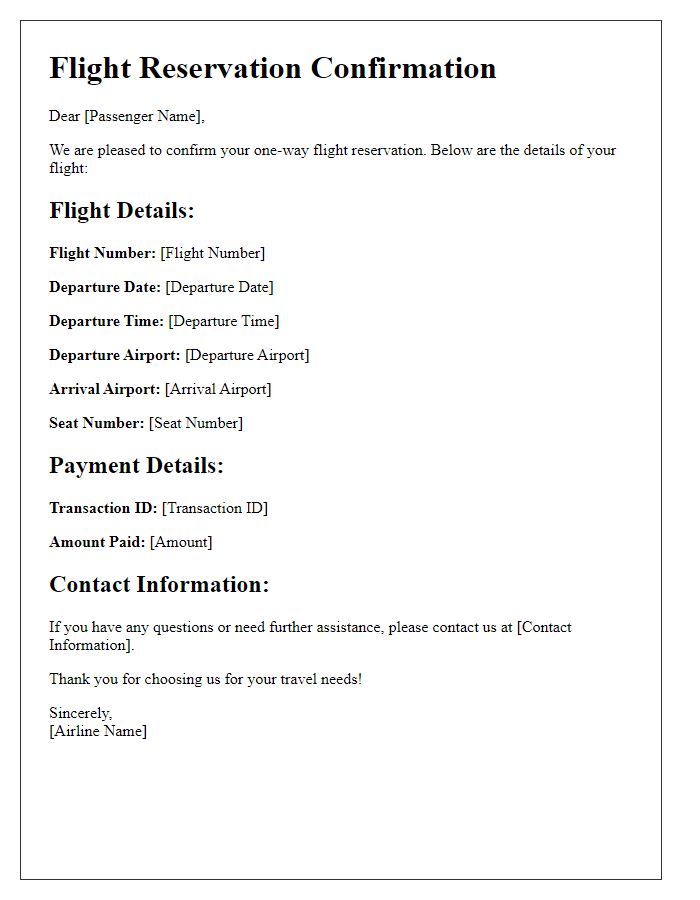 Letter template of one-way flight reservation confirmation