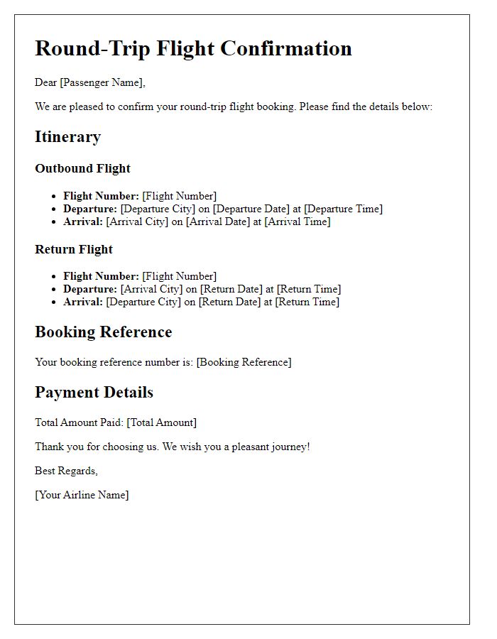 Letter template of round-trip flight confirmation