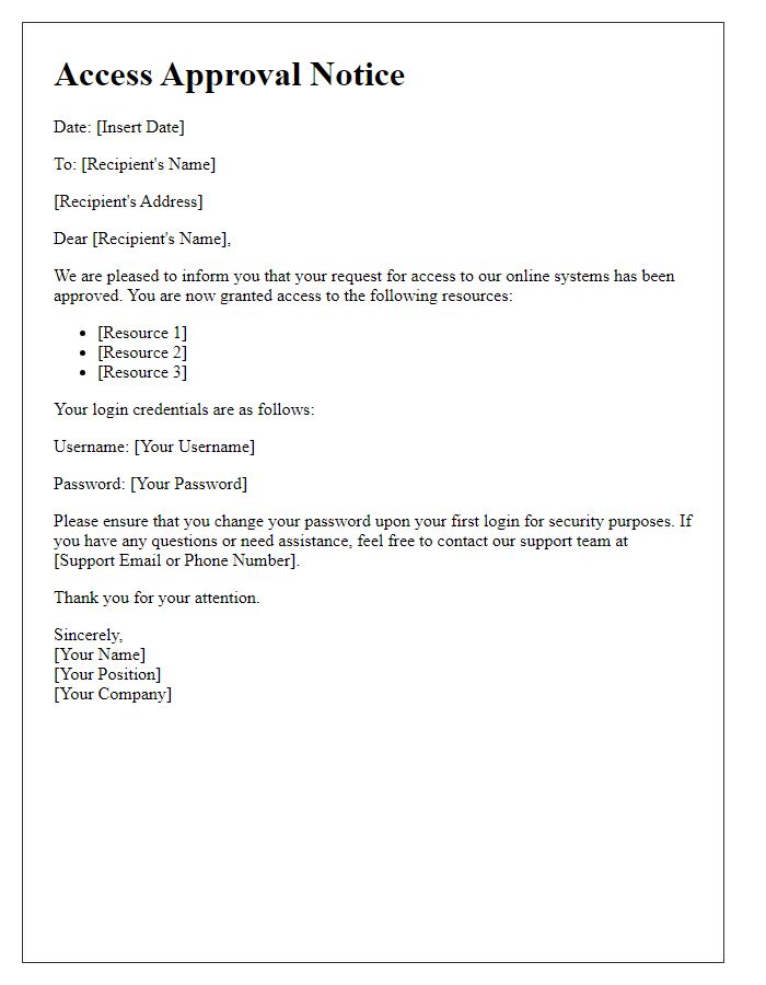 Letter template of access approval notice for online systems