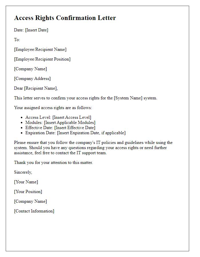 Letter template of access rights confirmation for system usage