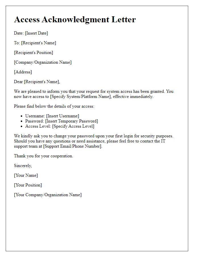 Letter template of acknowledgment for granted system access