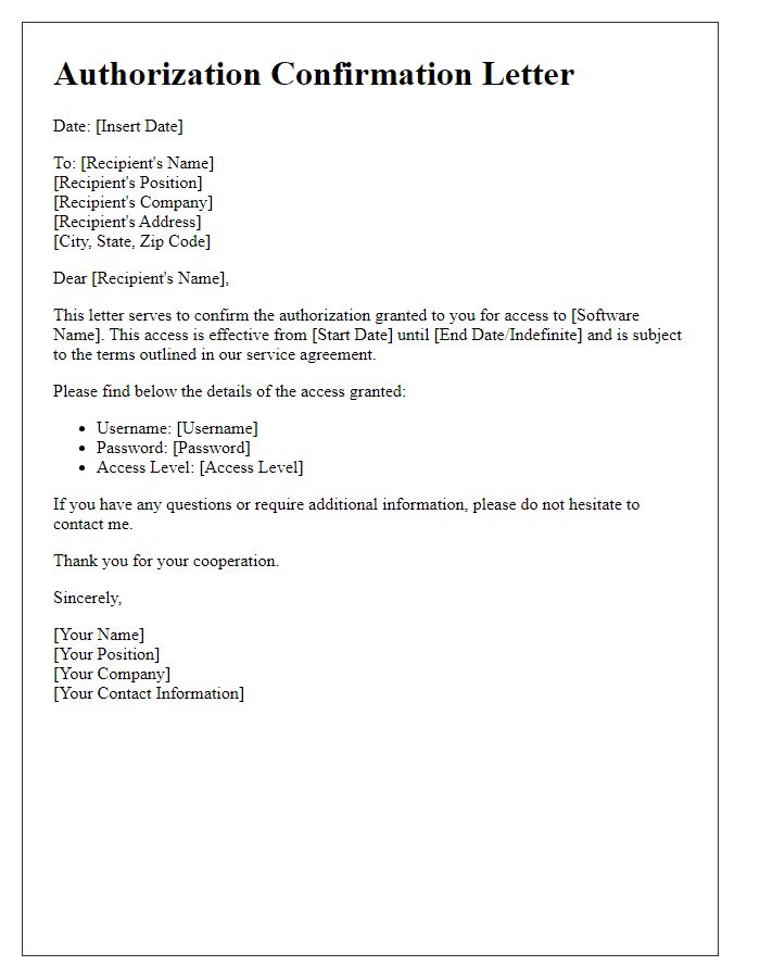 Letter template of authorization confirmation for software access