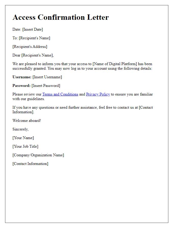 Letter template of granted access confirmation for digital platforms