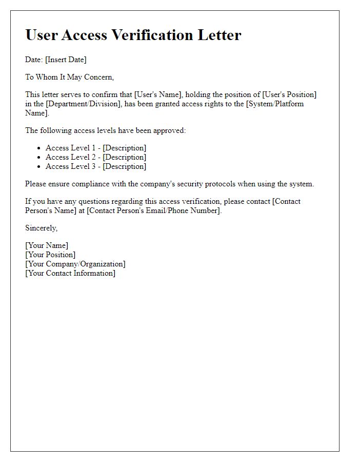 Letter template of user access verification for system entry