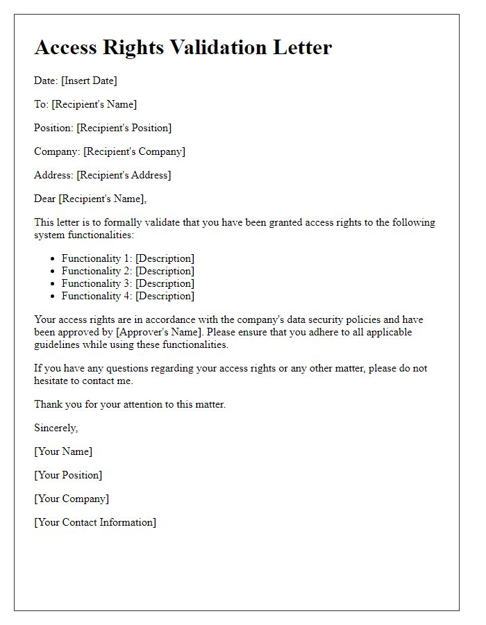 Letter template of validated access rights for system functionalities