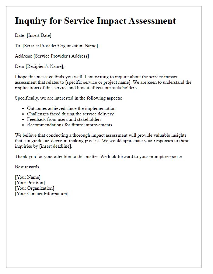 Letter template of inquiry for service impact assessment