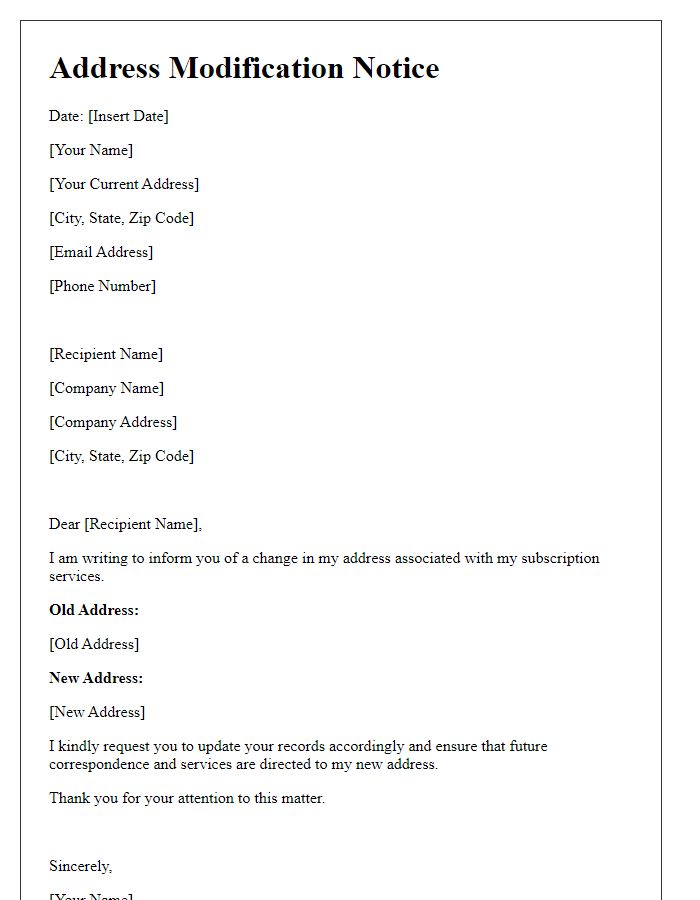 Letter template of Address Modification Notice for Subscription Services