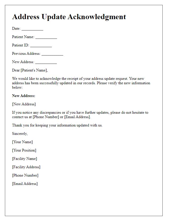 Letter template of Address Update Acknowledgment for Medical Facilities