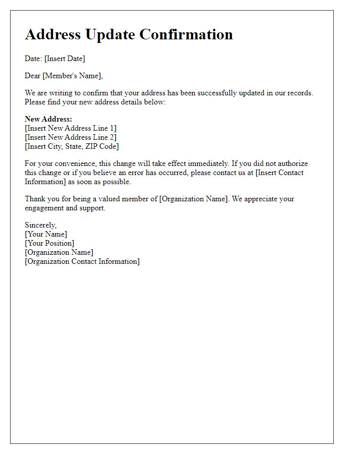 Letter template of Address Update Confirmation for Membership Organizations