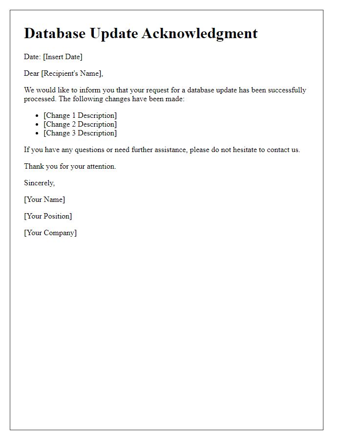 Letter template of database update acknowledgment