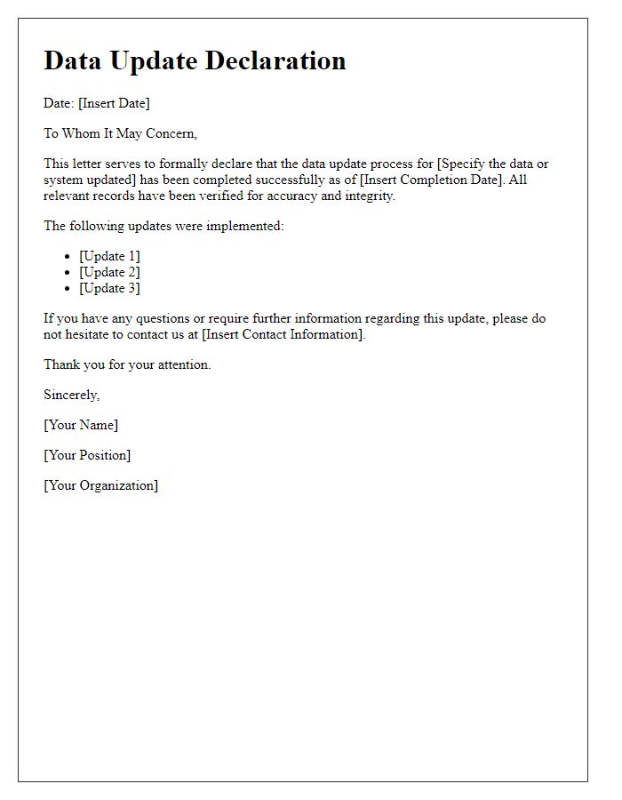 Letter template of declaration for successful data update