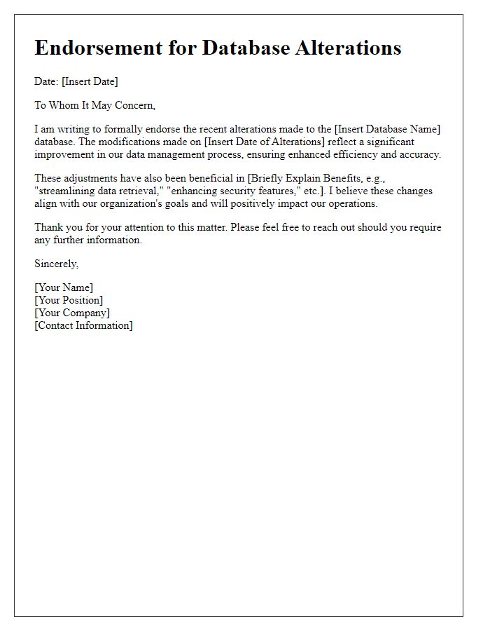 Letter template of endorsement for recent database alterations