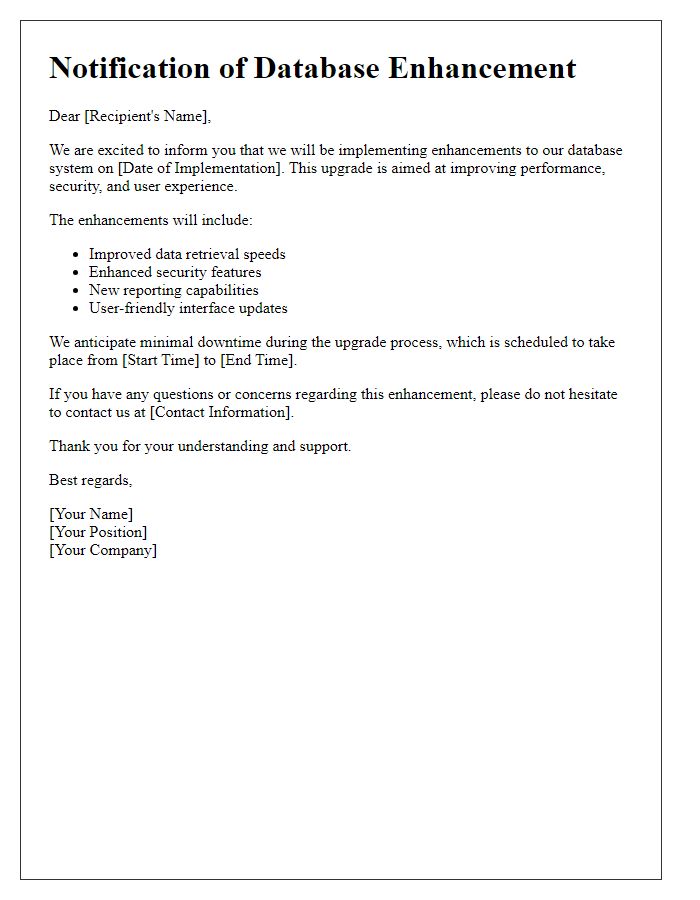 Letter template of notification for database enhancement
