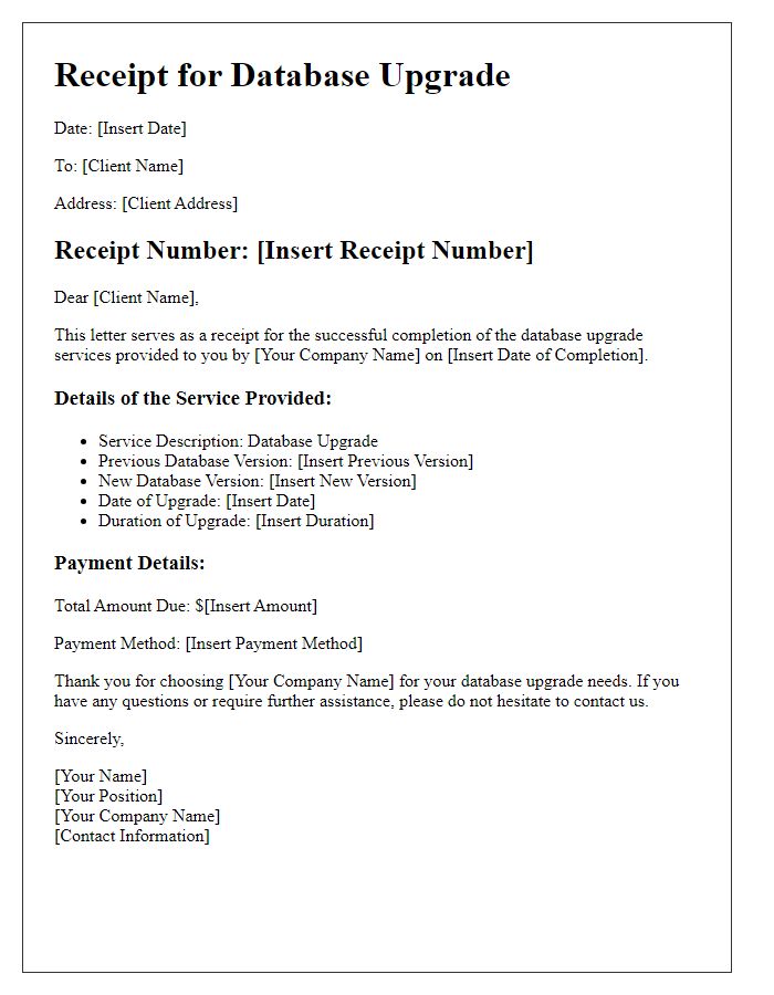 Letter template of receipt for completed database upgrade