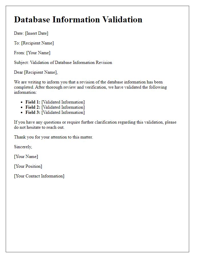 Letter template of validation of database information revision