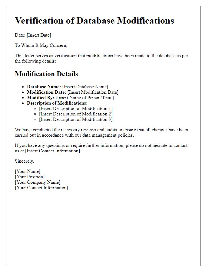 Letter template of verification of database modifications