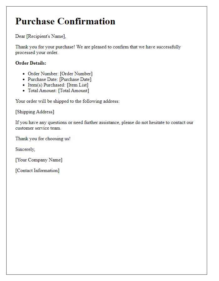 Letter template of confirmation for completed purchase