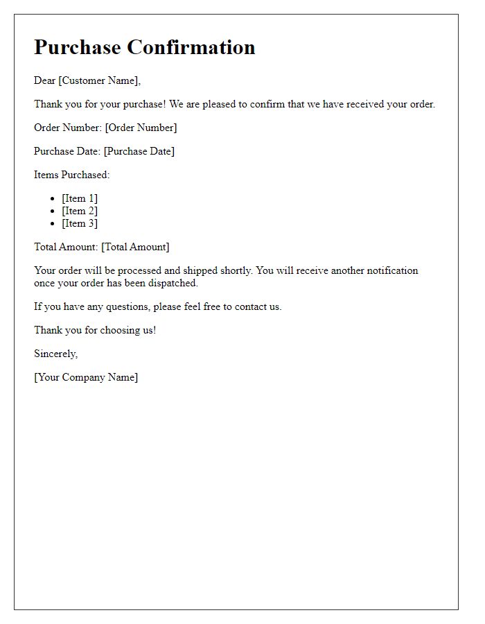 Letter template of notification for confirmed purchase