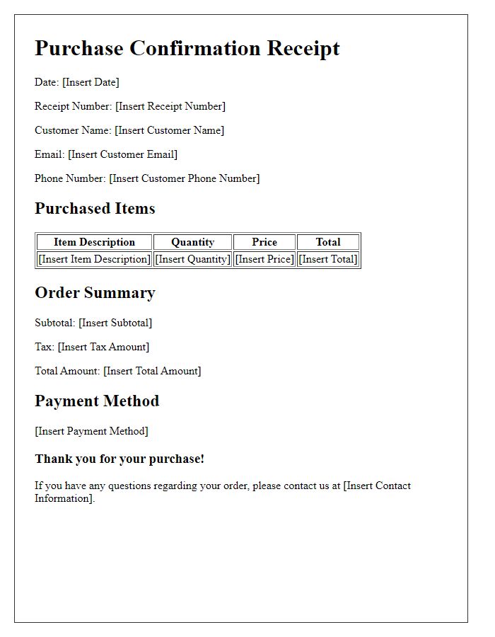 Letter template of purchase confirmation receipt