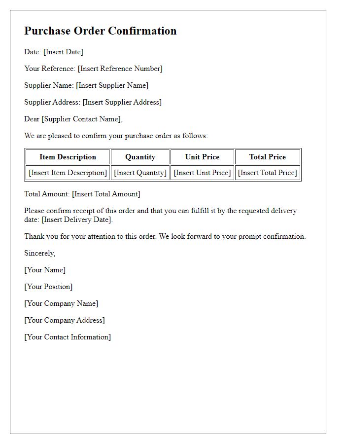 Letter template of purchase order confirmation